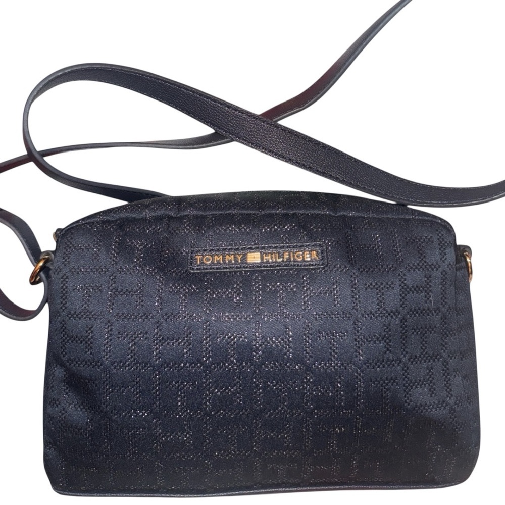 Tommy Hilfiger Dark Navy Monogram Crossbody Bag Adjustable Strap Gold Hardware